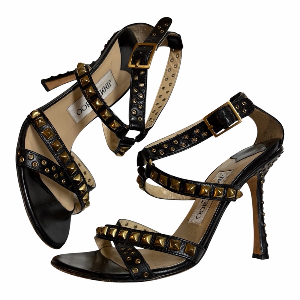 Jimmy Choo Black Leather Studded High-Heel Sandals with Gold Accents